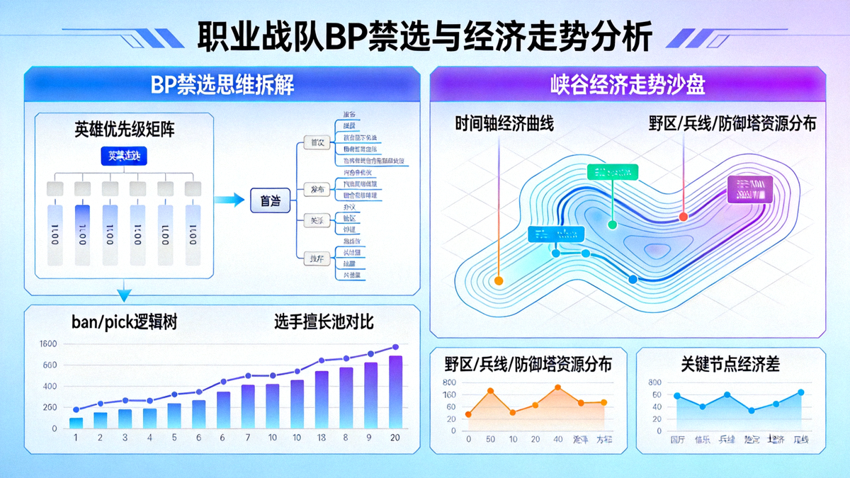 职业战队BP禁选思维拆解与峡谷经济走势沙盘推演画面